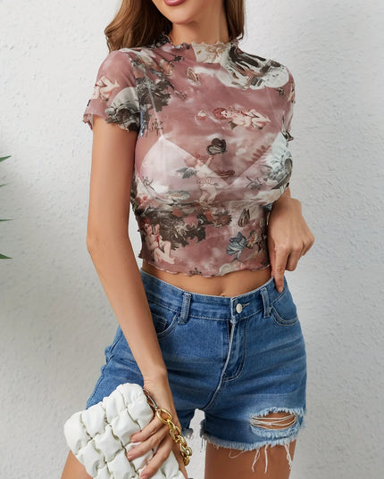 Abstract Print Ruffled Mock Neck Crop T-Shirt