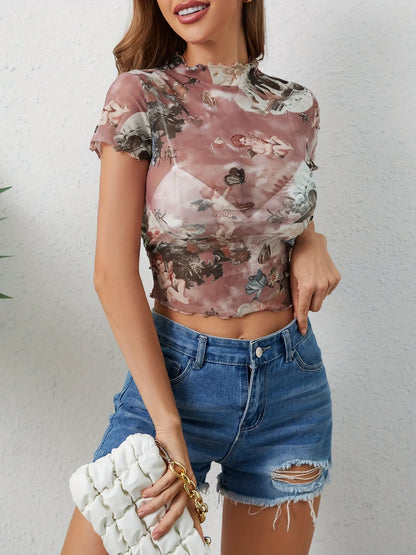 Abstract Print Ruffled Mock Neck Crop T-Shirt