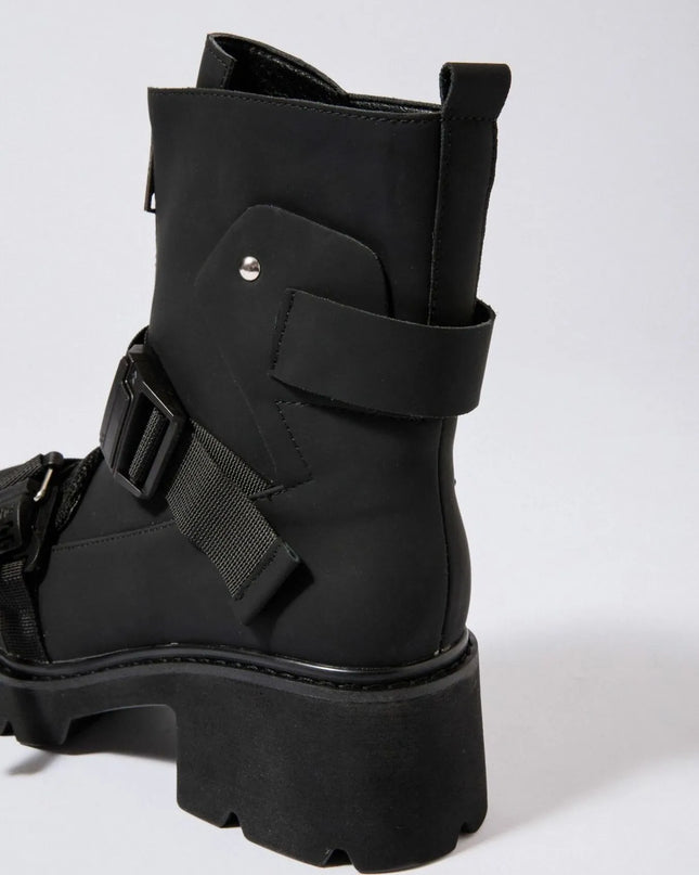 Chunky Platform Boots with Buckle Straps and Front Zip