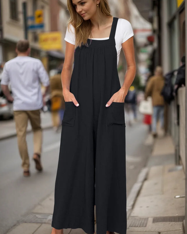 Double Take Full Size Wide Leg Overalls with Pockets Black