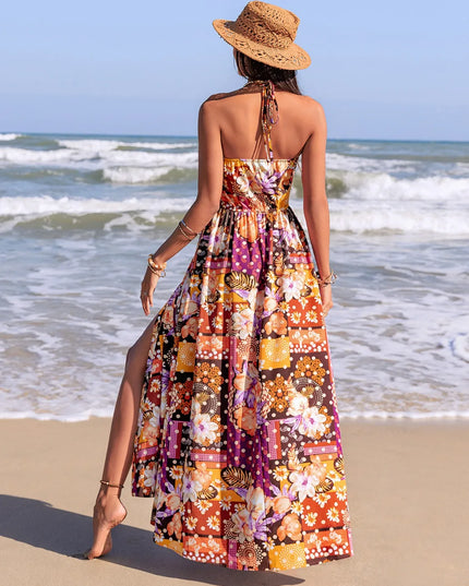 Slit Printed Halter Neck Cami Dress 