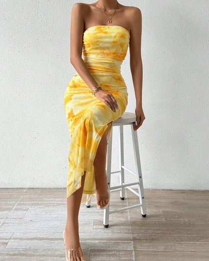 Printed Side Slit Tube Dress Yellow