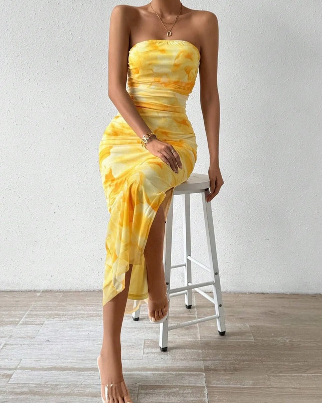 Printed Side Slit Tube Dress Yellow