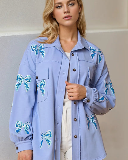 Double Take Full Size Sequin Bow Button Up Shacket Light Blue