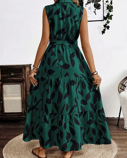 Printed Tie Waist Sleeveless Maxi Dress 