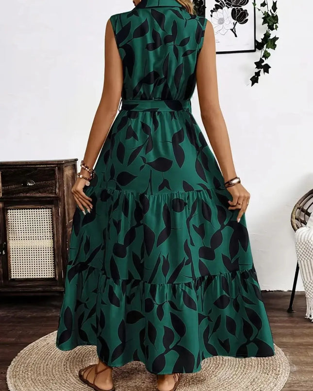 Printed Tie Waist Sleeveless Maxi Dress 