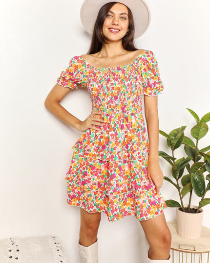 Devine Smocked Sweetheart Neck Flounce Sleeve Mini Dress Strawberry