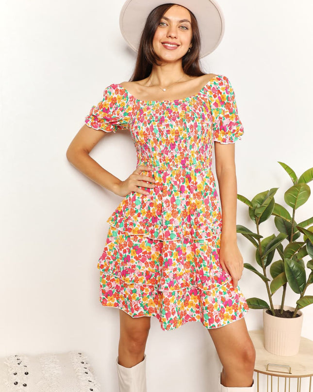 Devine Smocked Sweetheart Neck Flounce Sleeve Mini Dress Strawberry