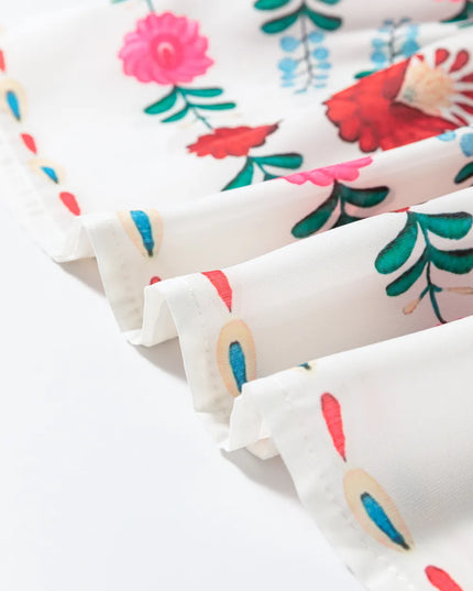 Floral Print Round Neck Ruffle Trim Blouse