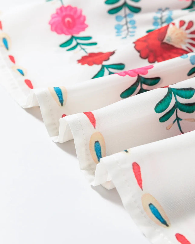 Floral Print Round Neck Ruffle Trim Blouse