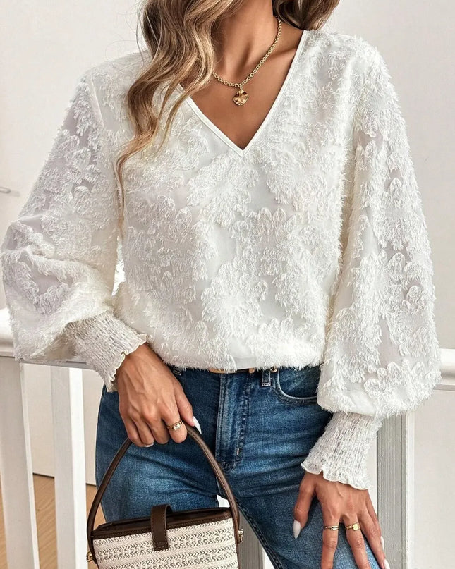 V-Neck Lantern Sleeve Blouse White