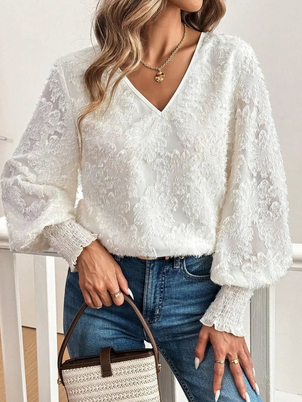 V-Neck Lantern Sleeve Blouse White