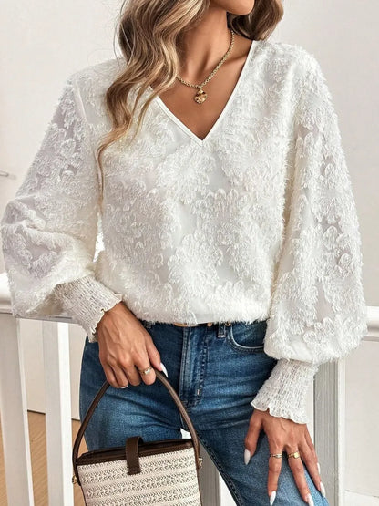 V-Neck Lantern Sleeve Blouse White