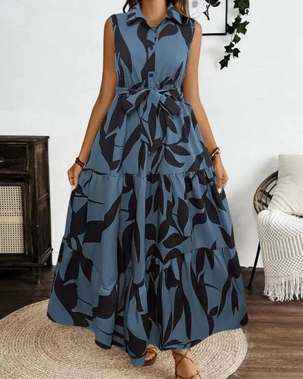 Printed Tie Waist Sleeveless Maxi Dress 
