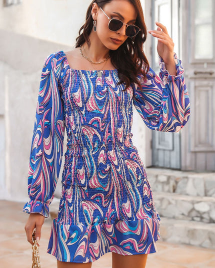 Abstract Print Square Neck Smocked Dress