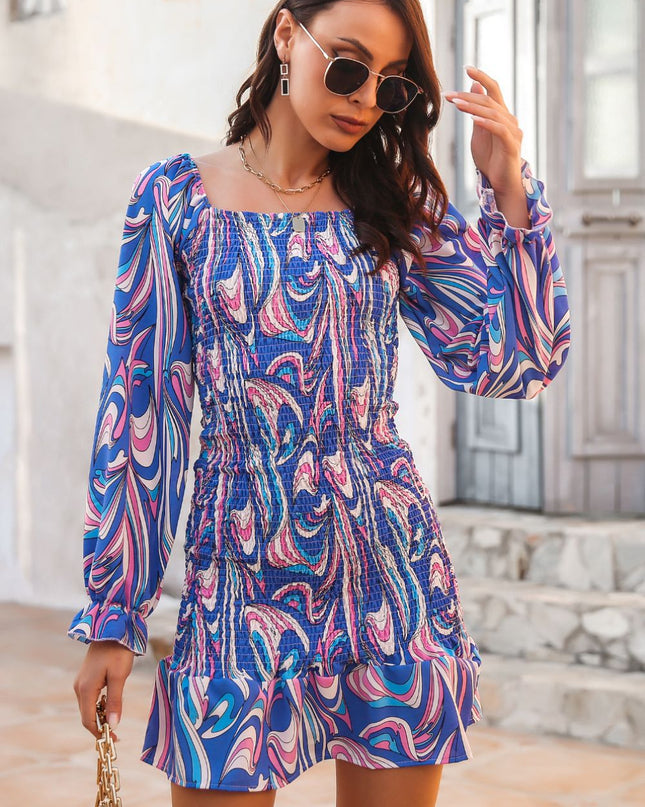 Abstract Print Square Neck Smocked Dress