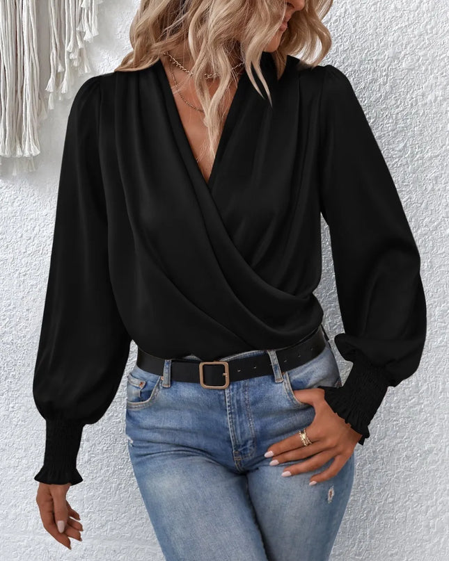 Surplice Smocked Lantern Sleeve Blouse