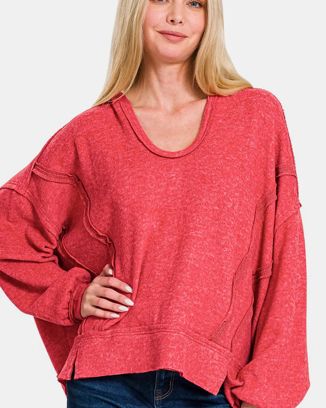 Zenana Brushed Hacci Exposed Seam Hoodie Red