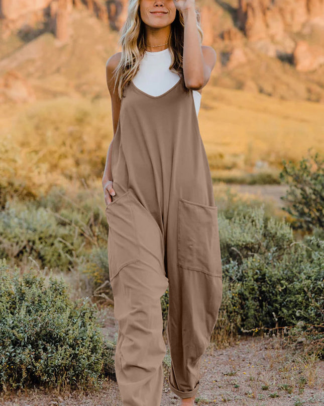 Double Take Full Size V-Neck Sleeveless Jumpsuit with Pockets Khaki