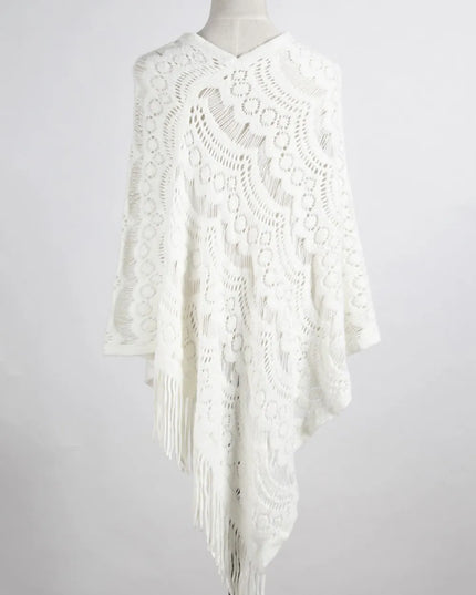 Fringe Openwork Surplice Cape Sleeve Poncho White One Size