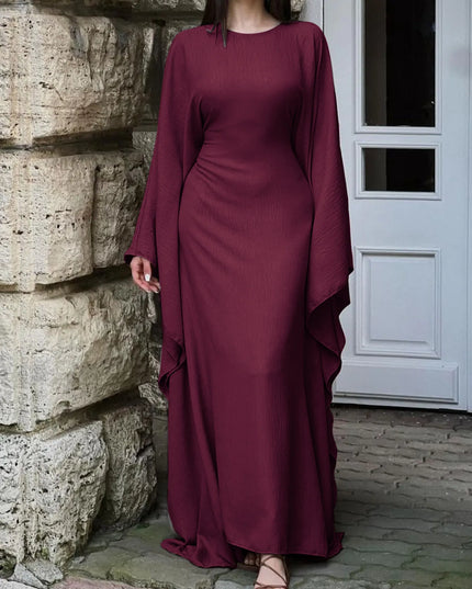 Round Neck Maxi Dress with Flowing Cape Sleeves Burgundy