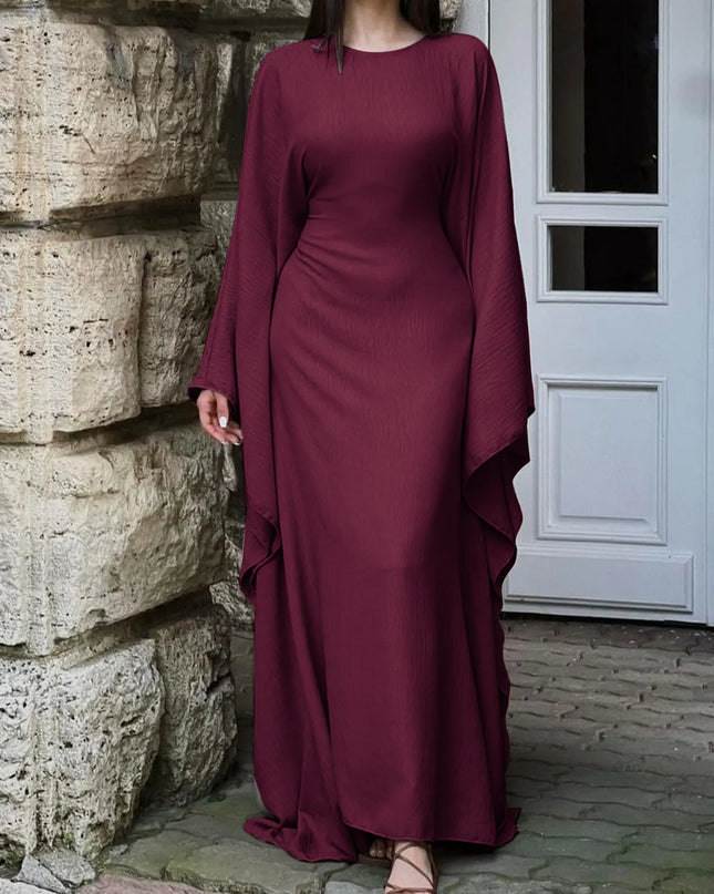 Round Neck Maxi Dress with Flowing Cape Sleeves Burgundy