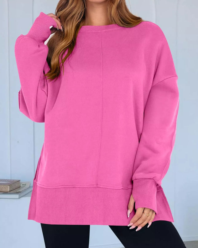 Side Slit Round Neck Long Sleeve Sweatshirt