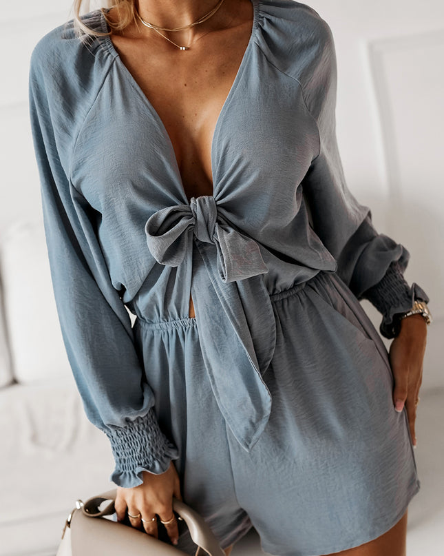 Tied Flounce Sleeve Plunge Romper Cloudy Blue