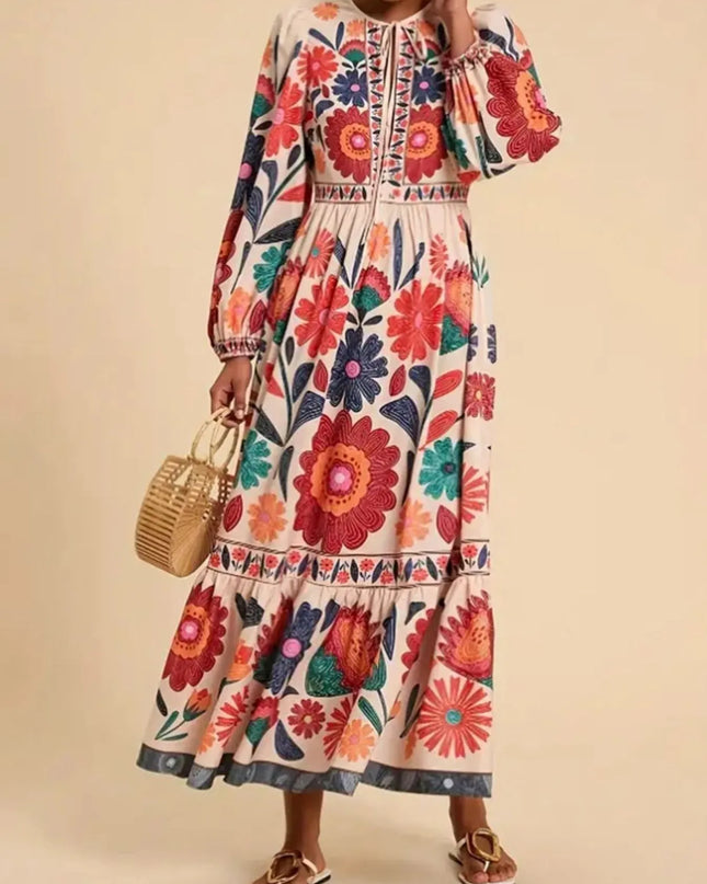Floral Tie Waist Long Sleeve Dress
