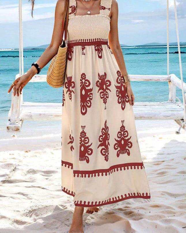 Smocked Printed Wide Strap Maxi Dress 