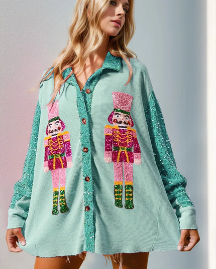 Double Take Sequin Nutcracker Button Up Shirt Teal