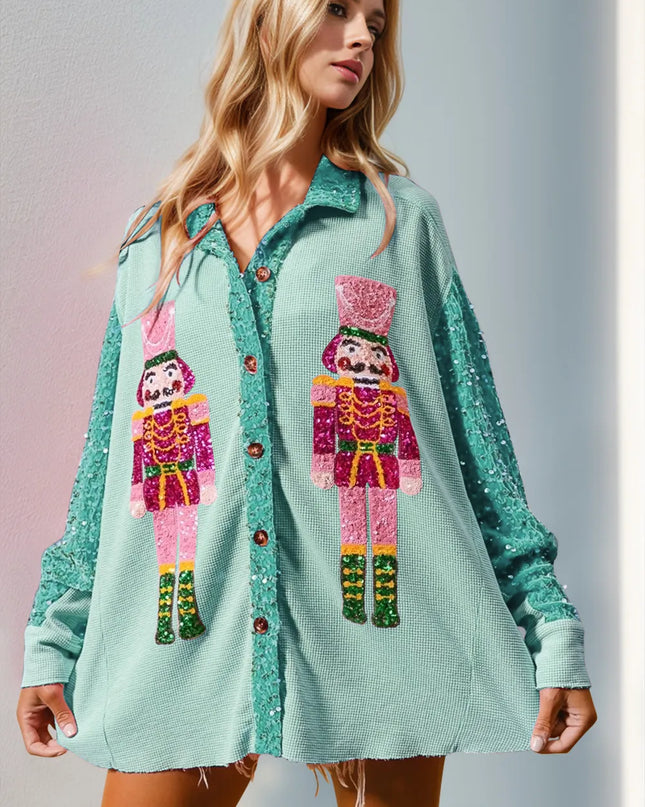 Double Take Sequin Nutcracker Button Up Shirt Teal