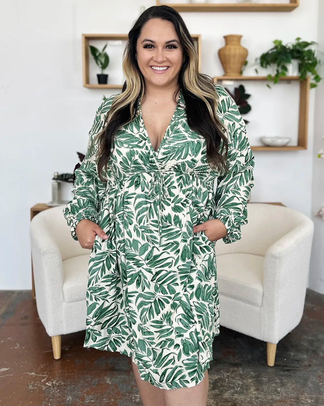 Double Take Full Size Printed Ruched Balloon Sleeve Dress