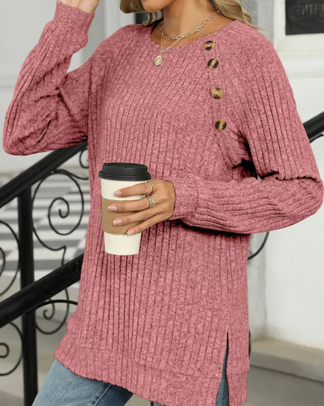 Ribbed Round Neck Long Sleeve T-Shirt