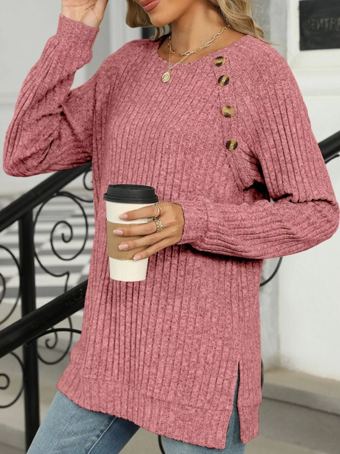 Ribbed Round Neck Long Sleeve T-Shirt