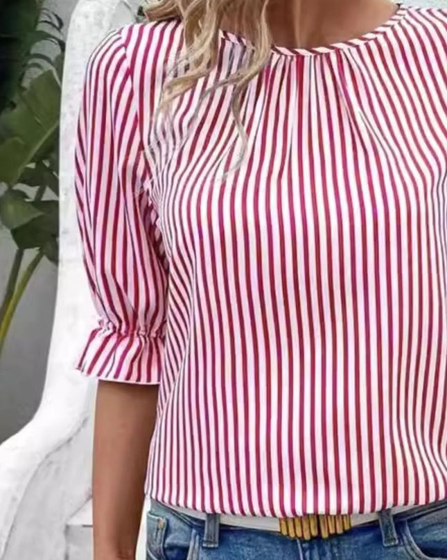 Striped Round Neck Half Sleeve Casual Blouse