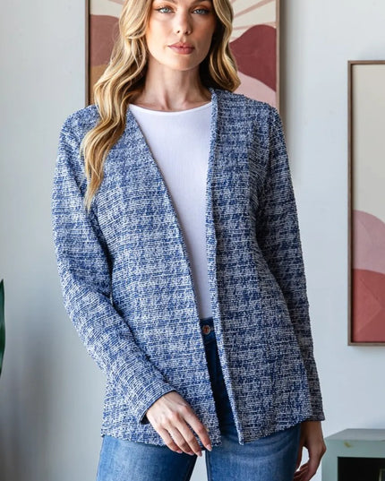 Heimish Full Size Houndstooth Tweed Open Front Blazer Royal