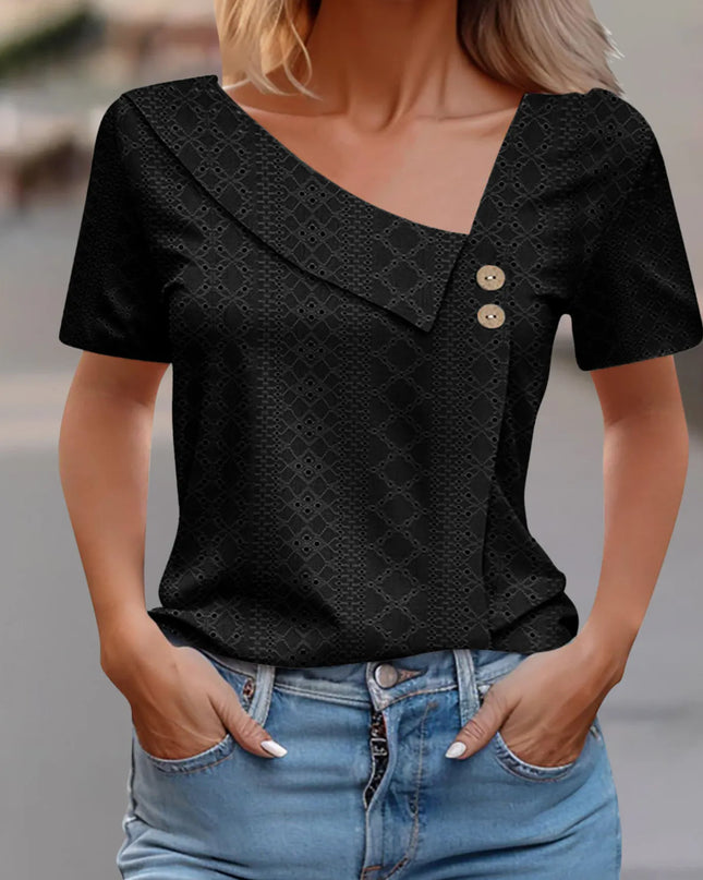Eyelet Asymmetrical Short Sleeve T-Shirt Black
