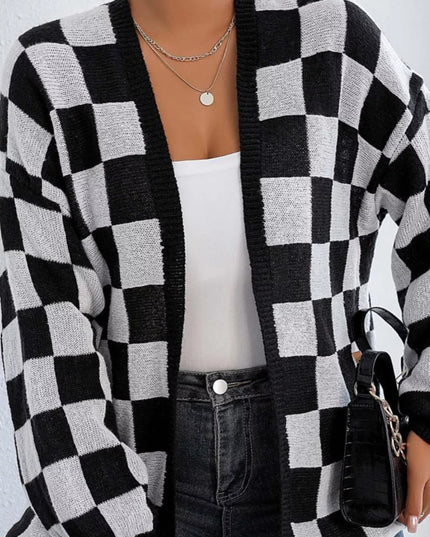 Checkerboard Pattern Open Front Knit Cardigan