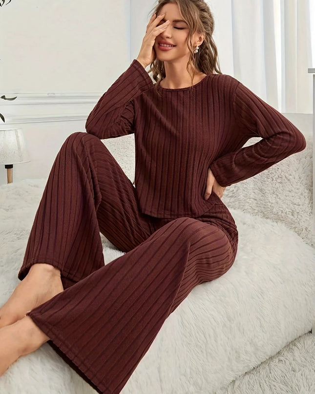 Ribbed Round Neck Long Sleeve Top and Pants Lounge Set
