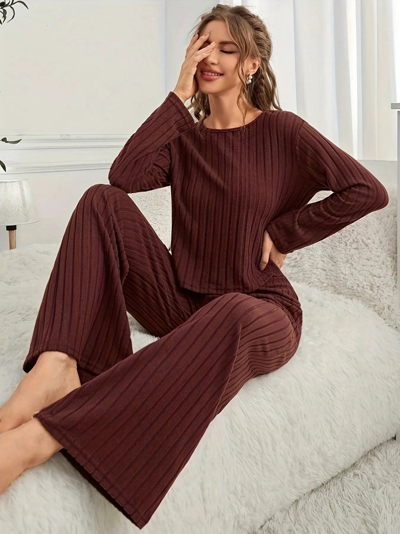 Ribbed Round Neck Long Sleeve Top and Pants Lounge Set