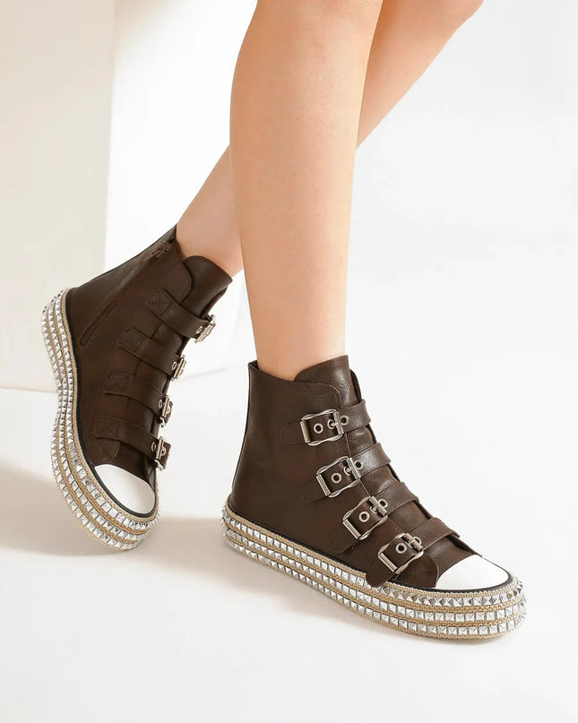 Beast Fashion Multi-Buckle Straps Studded Platform Sneakers Dark Brown