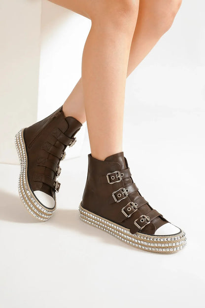 Beast Fashion Multi-Buckle Straps Studded Platform Sneakers Dark Brown