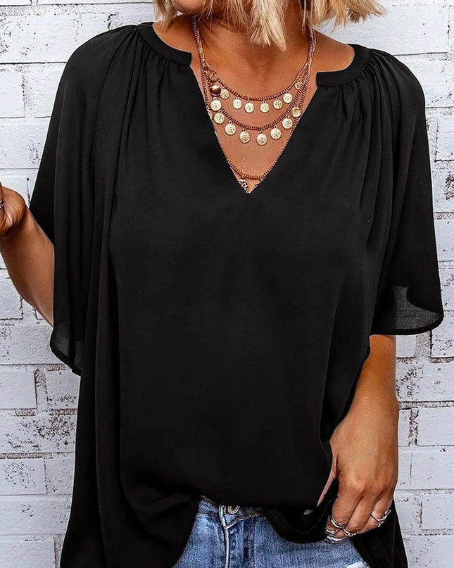 Gathered Detail Notched Neck Flutter Sleeve Top 