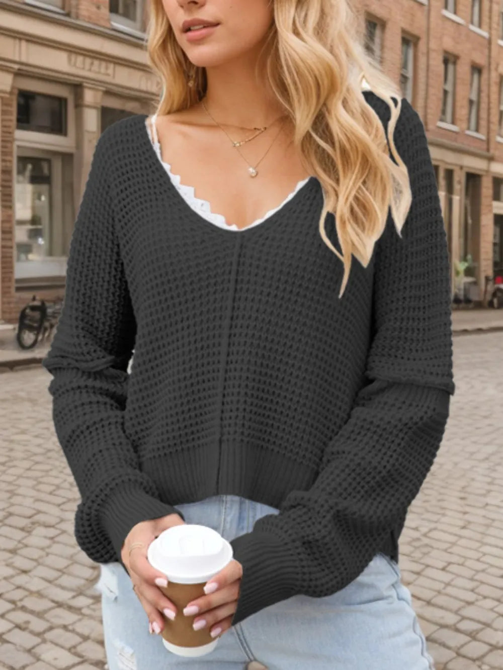 V-Neck Long Sleeve Sweater Black