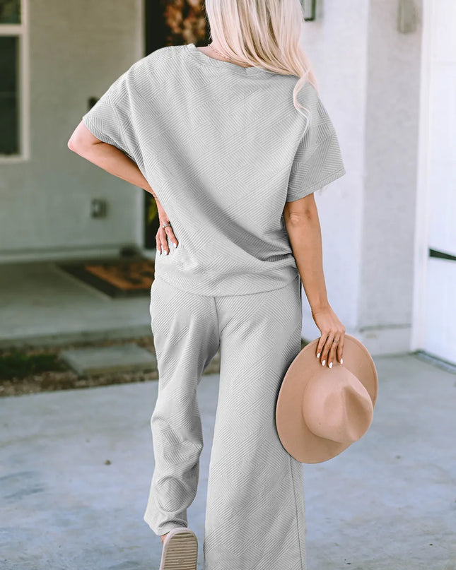 Double Take Full Size Texture Short Sleeve Top and Pants Set