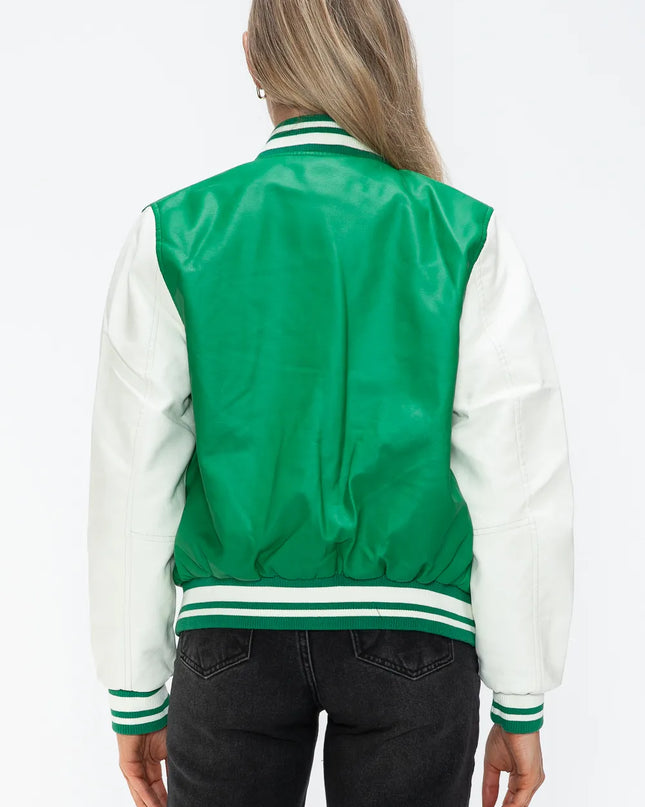 Love Me Now PU Leather Contrast Snap Down Bomber Jacket