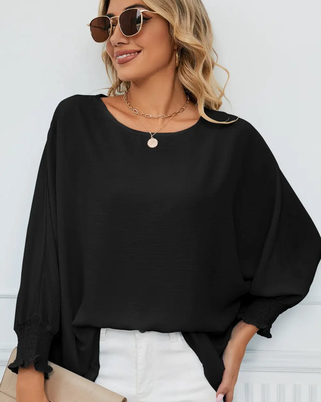 Smocked Lantern Sleeve Round Neck Blouse