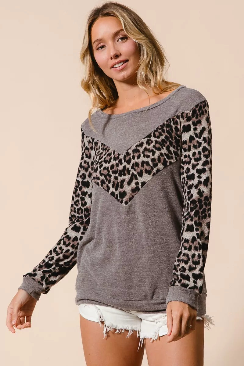 BiBi Sweater Knit Top With Leopard V Shape Block