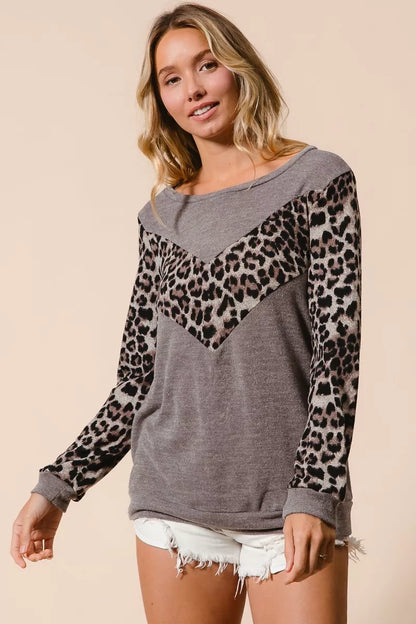 BiBi Sweater Knit Top With Leopard V Shape Block